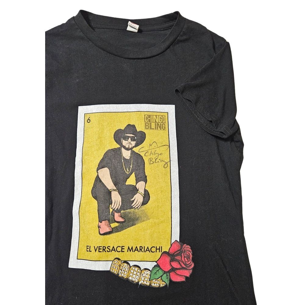 Chingo Bling *SIGNED* Short Sleeve Black Graphic Print Fitted‎ Shirt Women's S